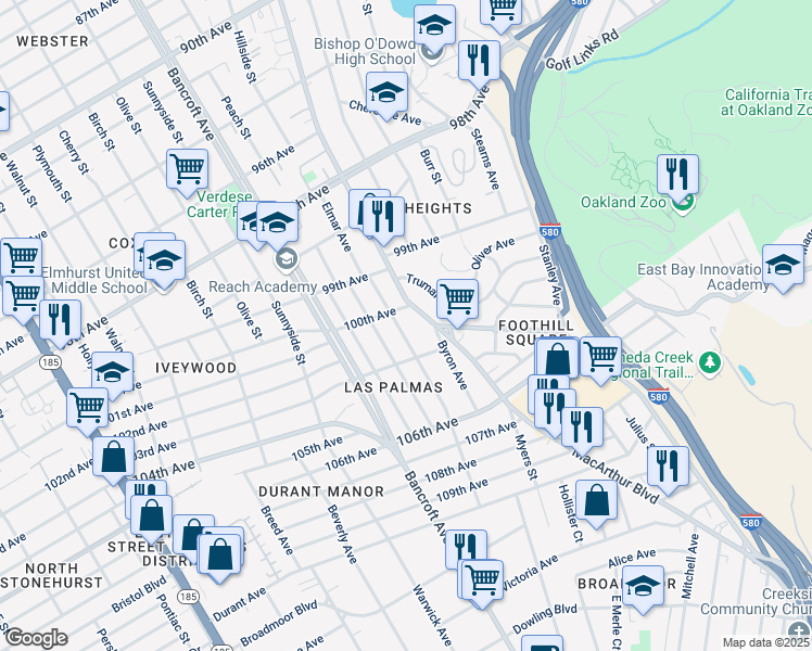 map of restaurants, bars, coffee shops, grocery stores, and more near 10034 Voltaire Avenue in Oakland