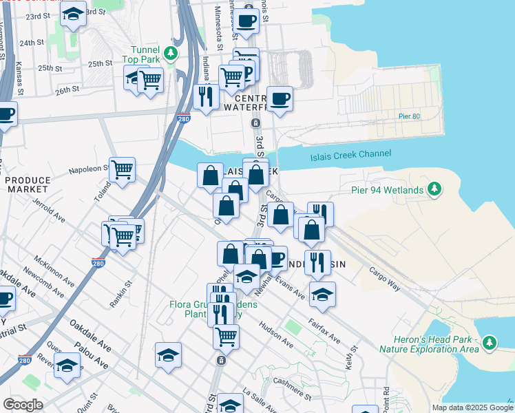 map of restaurants, bars, coffee shops, grocery stores, and more near 3450 3rd Street in San Francisco