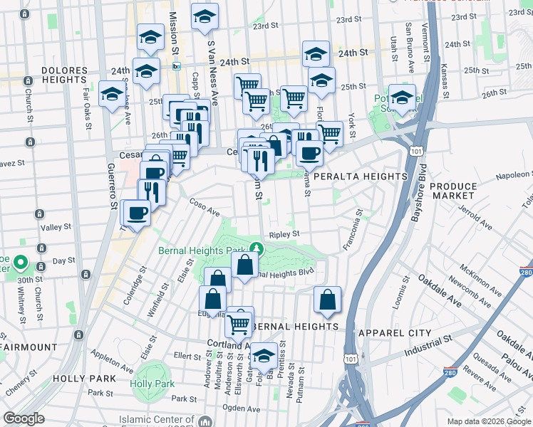 map of restaurants, bars, coffee shops, grocery stores, and more near 3334 Folsom Street in San Francisco