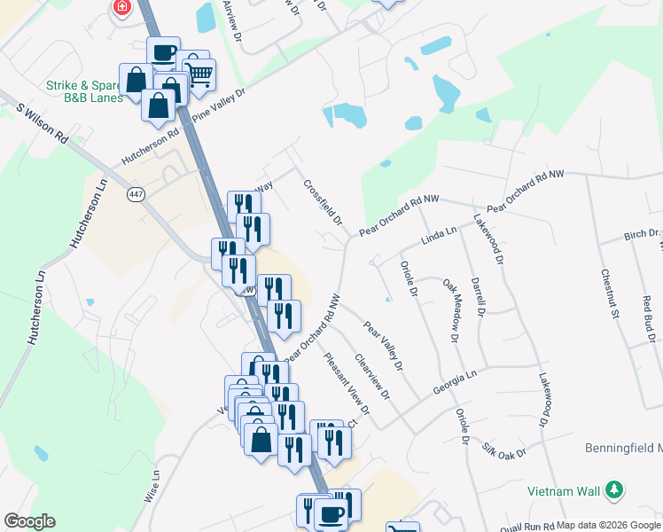map of restaurants, bars, coffee shops, grocery stores, and more near 200-282 Pear Orchard Road Northwest in Elizabethtown