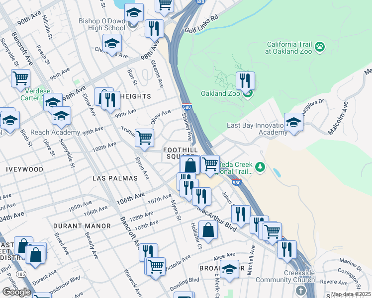 map of restaurants, bars, coffee shops, grocery stores, and more near 10420 Shaw Street in Oakland