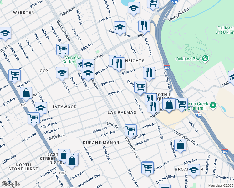map of restaurants, bars, coffee shops, grocery stores, and more near 9950 Voltaire Avenue in Oakland