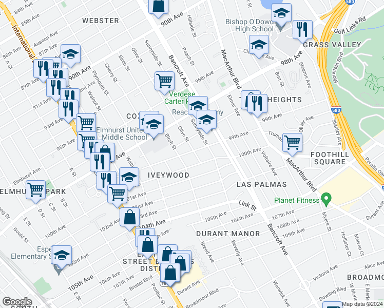 map of restaurants, bars, coffee shops, grocery stores, and more near 9851 Olive Street in Oakland