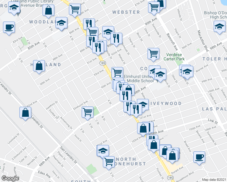 map of restaurants, bars, coffee shops, grocery stores, and more near 9525 International Boulevard in Oakland
