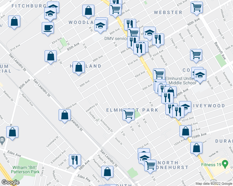 map of restaurants, bars, coffee shops, grocery stores, and more near 9223 C Street in Oakland