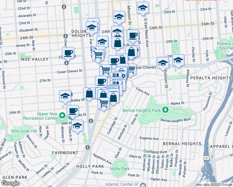 map of restaurants, bars, coffee shops, grocery stores, and more near 40 Tiffany Avenue in San Francisco