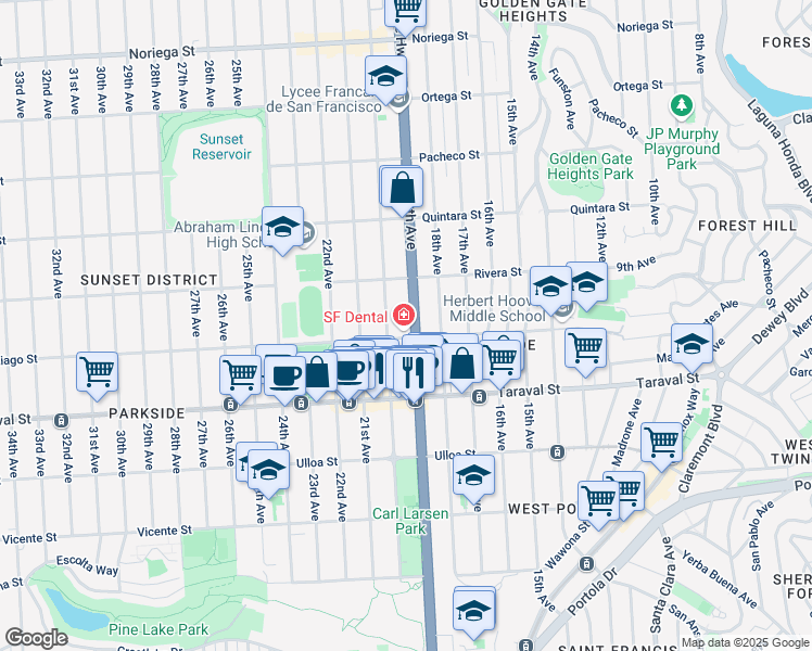 map of restaurants, bars, coffee shops, grocery stores, and more near 2242 20th Avenue in San Francisco