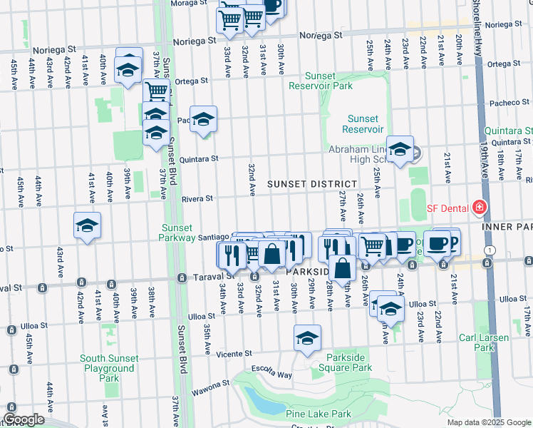 map of restaurants, bars, coffee shops, grocery stores, and more near 2183 30th Avenue in San Francisco
