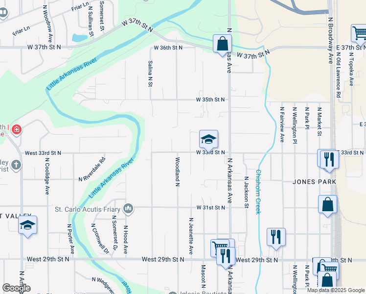 map of restaurants, bars, coffee shops, grocery stores, and more near 3401-3439 Jeanette St in Wichita