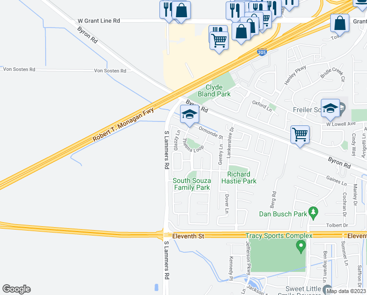 map of restaurants, bars, coffee shops, grocery stores, and more near 1845 Thelma Loop in Tracy