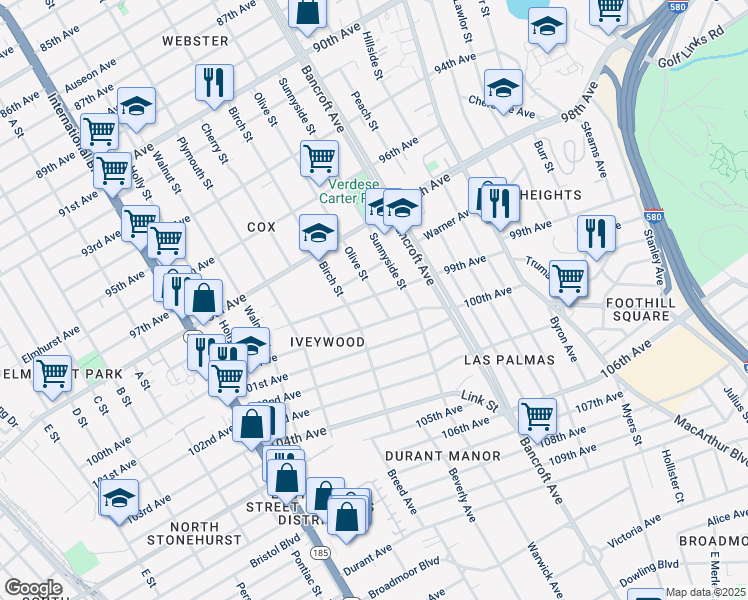 map of restaurants, bars, coffee shops, grocery stores, and more near 9901 Olive Street in Oakland