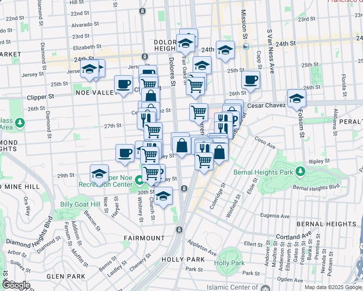 map of restaurants, bars, coffee shops, grocery stores, and more near 91 28th Street in San Francisco