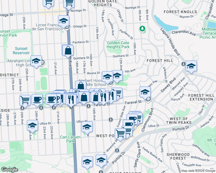 map of restaurants, bars, coffee shops, grocery stores, and more near 2251 14th Avenue in San Francisco