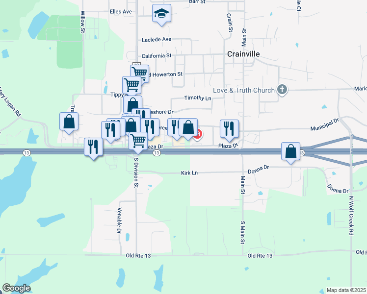 map of restaurants, bars, coffee shops, grocery stores, and more near 404 Plaza Drive in Carterville