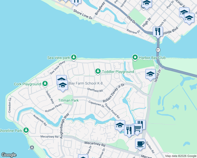 map of restaurants, bars, coffee shops, grocery stores, and more near 121 Brighton Road in Alameda