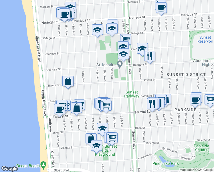 map of restaurants, bars, coffee shops, grocery stores, and more near 2218 40th Avenue in San Francisco