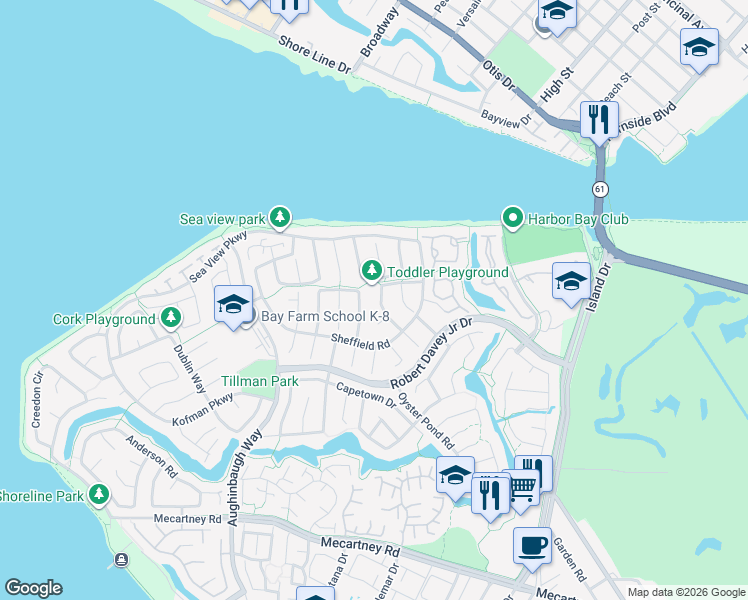 map of restaurants, bars, coffee shops, grocery stores, and more near 121 Brighton Road in Alameda
