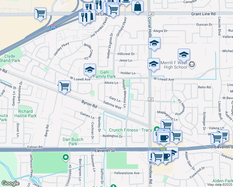 map of restaurants, bars, coffee shops, grocery stores, and more near 1574 Grace Court in Tracy
