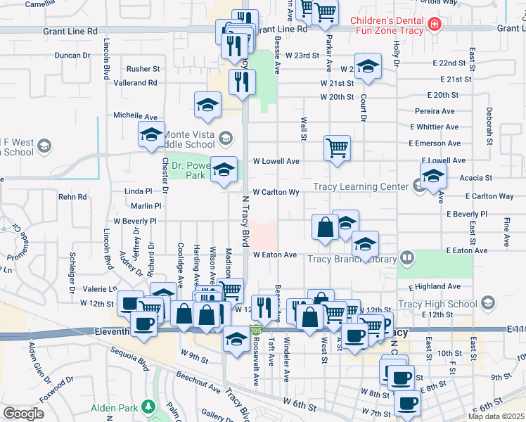 map of restaurants, bars, coffee shops, grocery stores, and more near 540 Carlton Way in Tracy