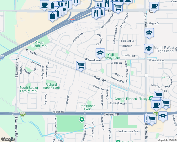 map of restaurants, bars, coffee shops, grocery stores, and more near 1647 Green Springs Court in Tracy