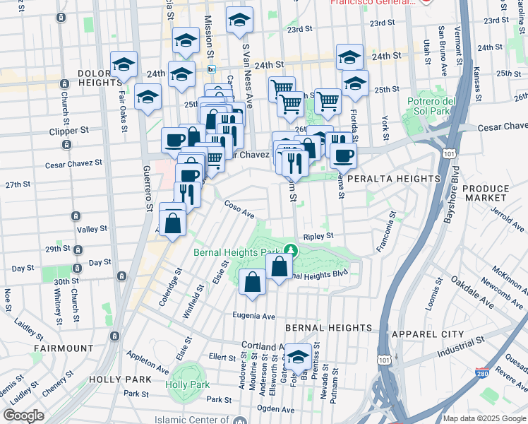 map of restaurants, bars, coffee shops, grocery stores, and more near 1441 Shotwell Street in San Francisco