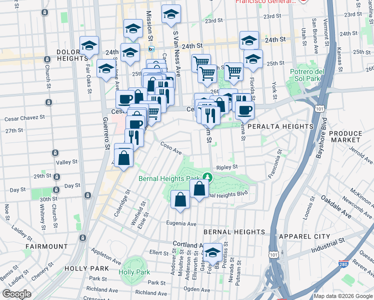 map of restaurants, bars, coffee shops, grocery stores, and more near 1441 Shotwell Street in San Francisco