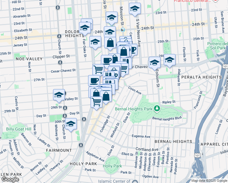 map of restaurants, bars, coffee shops, grocery stores, and more near 3181 Mission Street in San Francisco