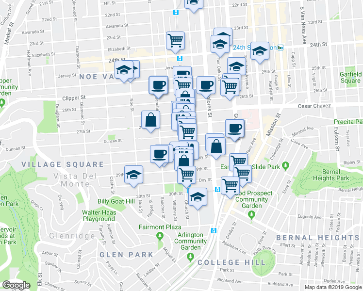 map of restaurants, bars, coffee shops, grocery stores, and more near 1550 Church Street in San Francisco