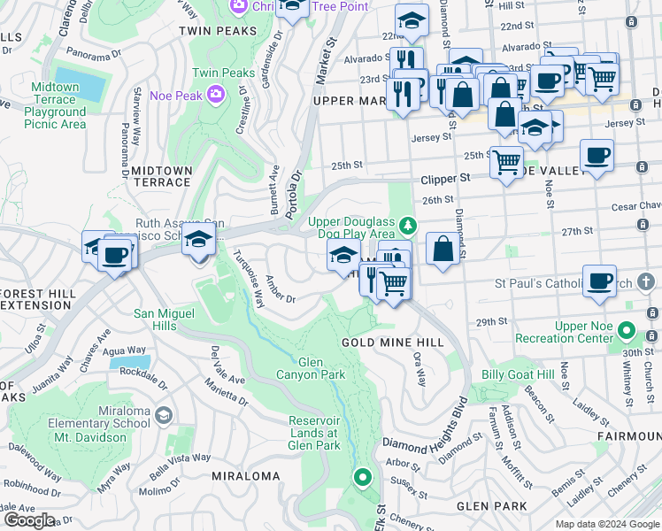map of restaurants, bars, coffee shops, grocery stores, and more near 135 Red Rock Way in San Francisco