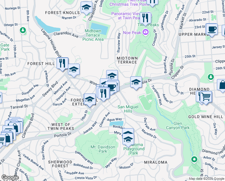 map of restaurants, bars, coffee shops, grocery stores, and more near 375 Woodside Avenue in San Francisco