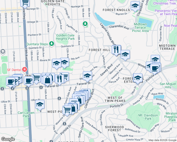 map of restaurants, bars, coffee shops, grocery stores, and more near 325 Castenada Avenue in San Francisco