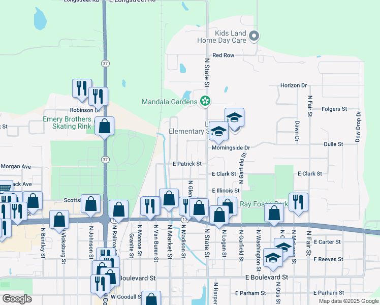 map of restaurants, bars, coffee shops, grocery stores, and more near 1504 Colin Bradley Drive in Marion