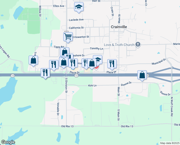 map of restaurants, bars, coffee shops, grocery stores, and more near 404 E Plaza Dr in Carterville