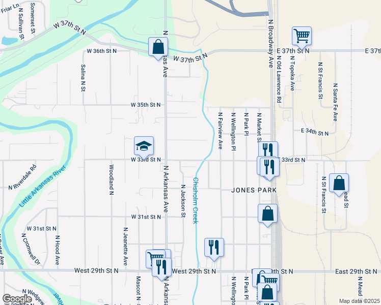 map of restaurants, bars, coffee shops, grocery stores, and more near 501 West 34th Street North in Wichita