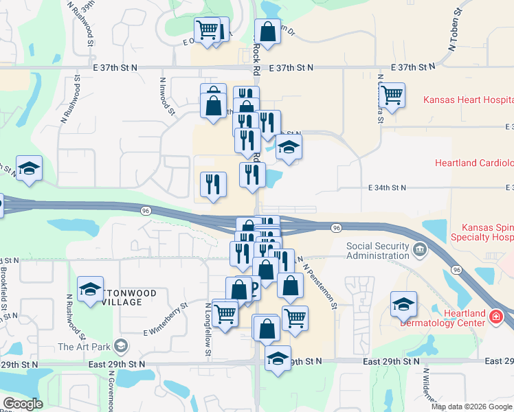map of restaurants, bars, coffee shops, grocery stores, and more near North Rock Road in Wichita