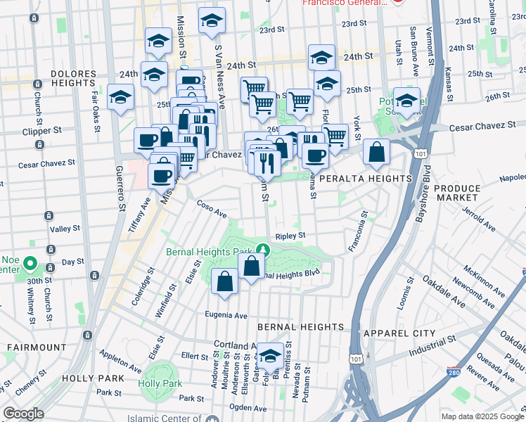 map of restaurants, bars, coffee shops, grocery stores, and more near 3284 Folsom Street in San Francisco