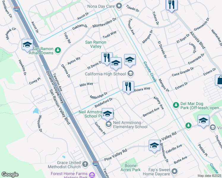 map of restaurants, bars, coffee shops, grocery stores, and more near 241 Hardwick Place in San Ramon