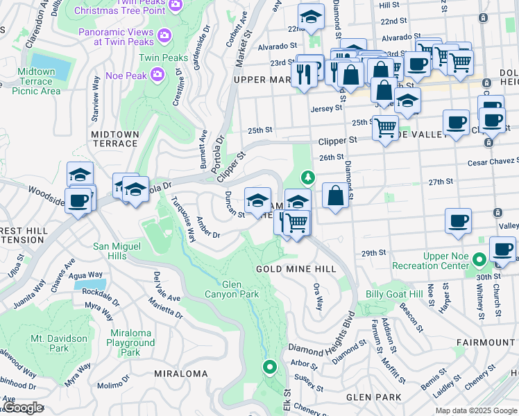 map of restaurants, bars, coffee shops, grocery stores, and more near 135 Red Rock Way in San Francisco