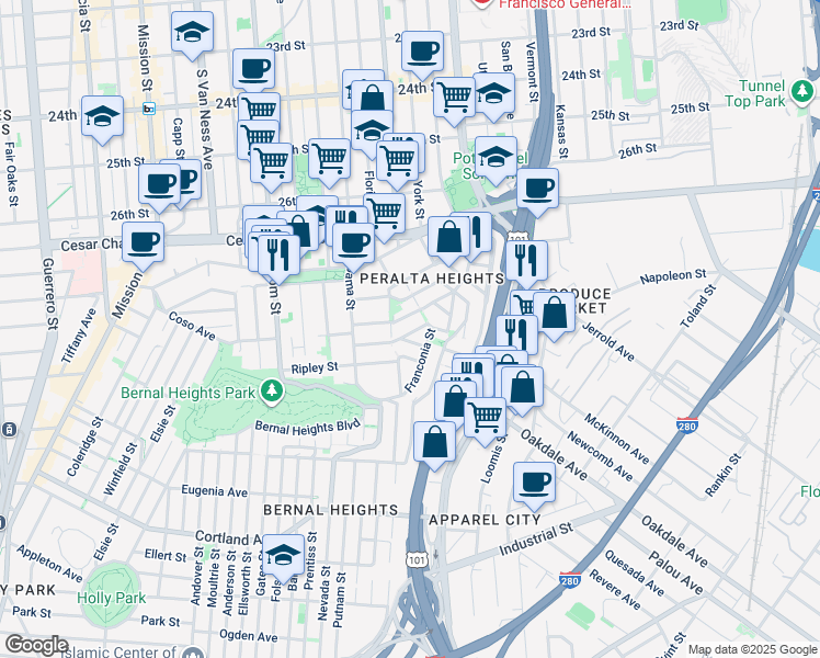 map of restaurants, bars, coffee shops, grocery stores, and more near 244 Rutledge Street in San Francisco