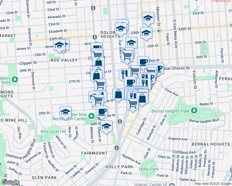 map of restaurants, bars, coffee shops, grocery stores, and more near Dolores St & 28th St in San Francisco