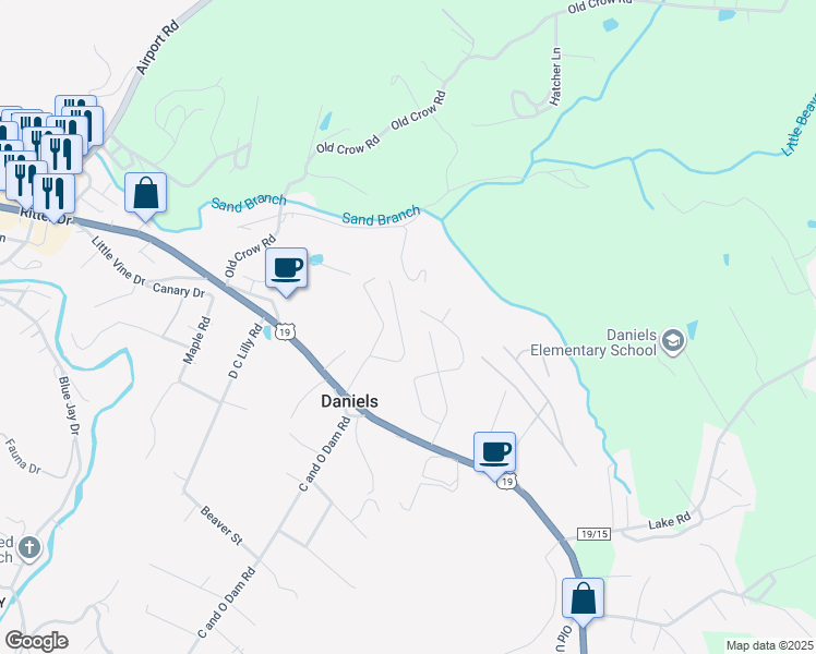 map of restaurants, bars, coffee shops, grocery stores, and more near 160 Shady Acres Lane in Daniels