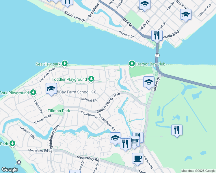 map of restaurants, bars, coffee shops, grocery stores, and more near 148 Roxburg Lane in Alameda