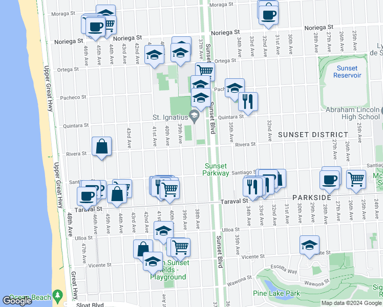 map of restaurants, bars, coffee shops, grocery stores, and more near 2219 38th Avenue in San Francisco