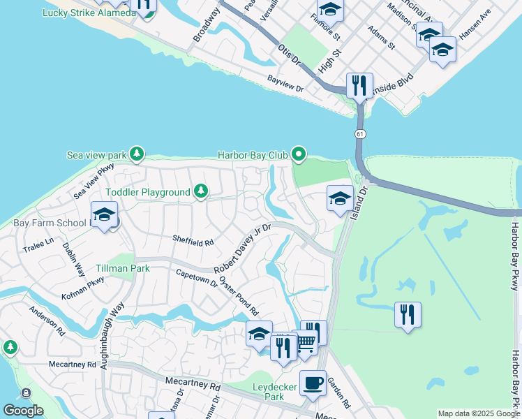 map of restaurants, bars, coffee shops, grocery stores, and more near 137 Parfait Lane in Alameda