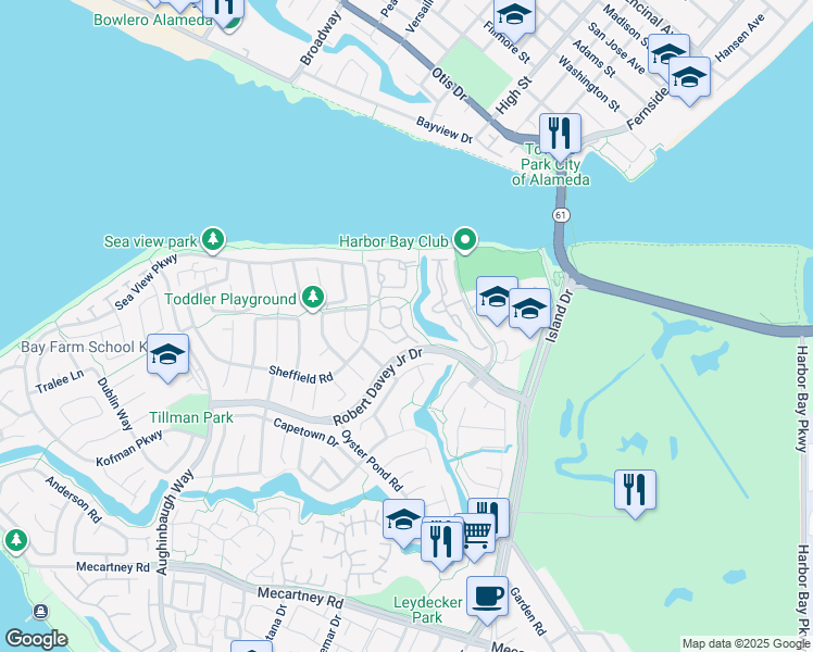 map of restaurants, bars, coffee shops, grocery stores, and more near 137 Parfait Lane in Alameda
