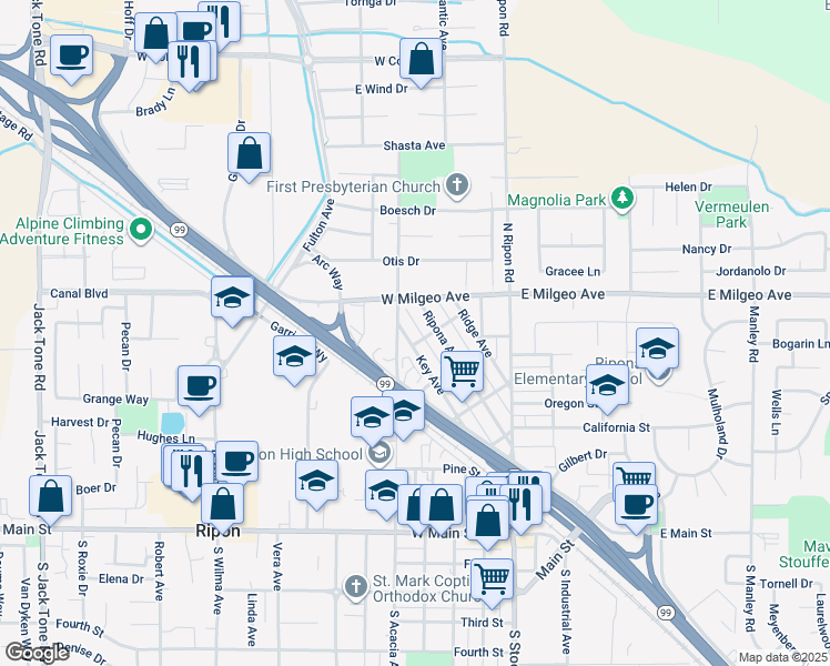 map of restaurants, bars, coffee shops, grocery stores, and more near 800 North Acacia Avenue in Ripon