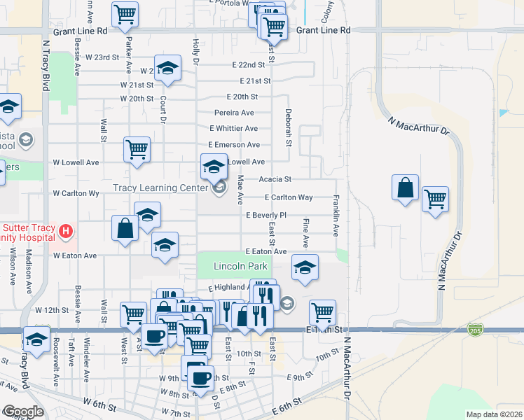 map of restaurants, bars, coffee shops, grocery stores, and more near 228 East Carlton Way in Tracy