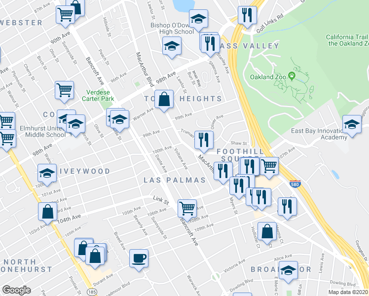 map of restaurants, bars, coffee shops, grocery stores, and more near 2530 Truman Avenue in Oakland