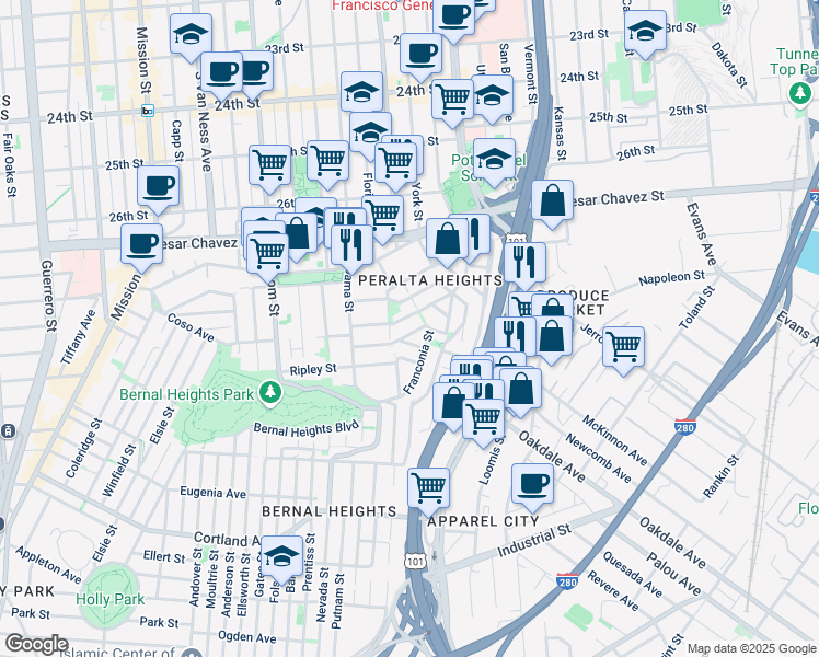 map of restaurants, bars, coffee shops, grocery stores, and more near 165 Montcalm Street in San Francisco