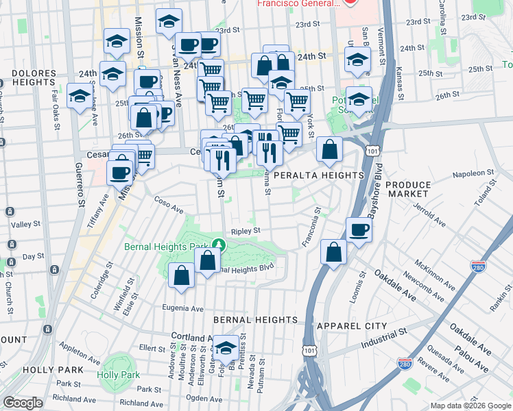 map of restaurants, bars, coffee shops, grocery stores, and more near 1551 Treat Avenue in San Francisco